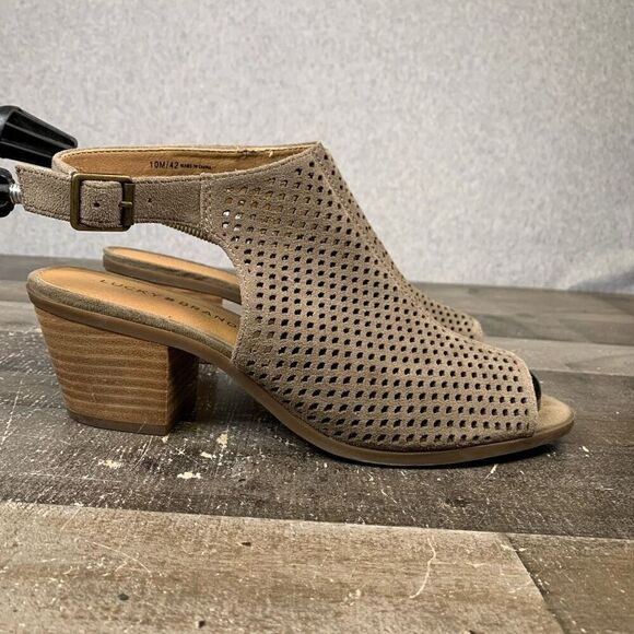 Lucky Brand Women’s Size 10 Bertel Peep Toe Suede Sandals Tan Ankle Strap - Picture 1 of 12